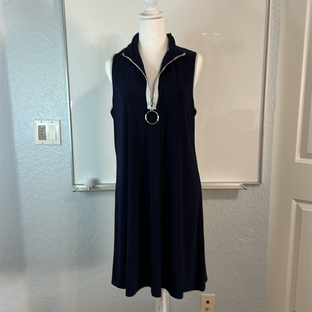 MSK Dress Navy with white and silver trim zipper collar. Large